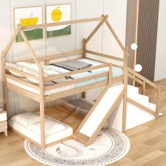 Kumix Wood Bunk Bed with Slide, Twin over Twin Bunk Bed for Kids Teens with Staircase, Full Length Guardrail, House Bunk Bed Frame for Bedroom, Dom, Noise-Free, No Box Spring Needed, Natural