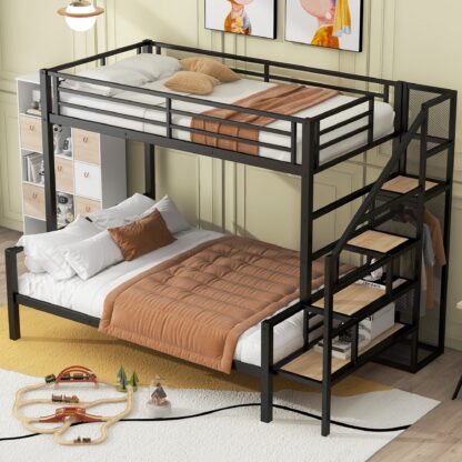 Kumix Twin over Full Bunk Bed, Metal Bunk Bed with Storage Staircase and Wardrobe for Kids Teens, Adults, Heavy Duty Bunk Bed with Ladder and Guardrails, Space-Saving, Noise-Free, Black