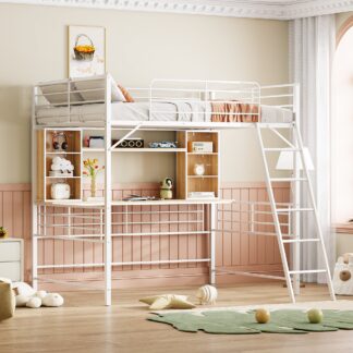 Kumix Loft Bed Full Size, Metal Loft Bed with Desk and Shelves for Kids, Teens, Adults, Heavy-Duty Loft Bed with Full Length Guardrail and Ladder for Bedroom, Space-Saving, Noise-Free, White