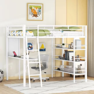 Kumix Loft Bed with Desk and Whiteboard, Metal Loft Bed Full Size with Shelves, Safety Guardrail and Ladder for Kids Teens Adults, Full Loft Bed Frame for Bedroom, Space-Saving, Noise-Free, White