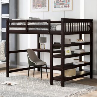 Kumix Loft Bed Full Size for Kids, Wood Loft Bed with Storage Shelves and Under-bed Desk, Safety Guardrail and Ladder for Teens Adults, Heavy Duty Loft Bed Frame for Bedroom, Noise-Free, Espresso