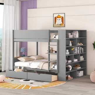 Kumix Full over Full Bunk Bed, Wood Bunk Bed with Drawers and Multi-layer Cabinet for Kids Teens, Space-Saving Bunk Bed with Full Length Guardrail and Ladder, 2 in 1 Bunk Bed, Noise-Free, Grey