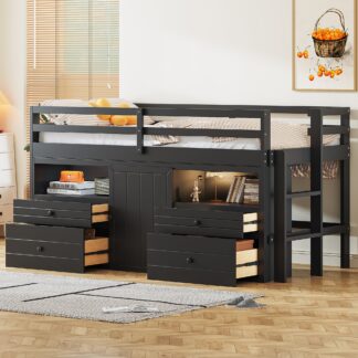 Kumix Loft Bed Twin Size, Wood Loft Bed with 4 Drawers, Underneath Cabinet and Safety Guardrail Shelves and Ladder for Kids Teens Adults, Space-Saving, Noise-Free, Easy Assembly, Espresso