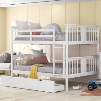 Kumix Bunk Bed with Drawers, Full over Full Bunk Bed with Full Length Guardrail and Build-in Ladder for Kids Teens Guests, Wood Bunk Bed Frame for Bedroom, Dorm, Noise-Free, Easy Assembly, White