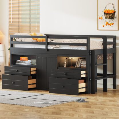 Kumix Loft Bed Twin Size, Wood Loft Bed with 4 Drawers, Underneath Cabinet and Safety Guardrail Shelves and Ladder for Kids Teens Adults, Space-Saving, Noise-Free, Easy Assembly, Espresso
