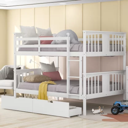 Kumix Bunk Bed with Drawers, Full over Full Bunk Bed with Full Length Guardrail and Build-in Ladder for Kids Teens Guests, Wood Bunk Bed Frame for Bedroom, Dorm, Noise-Free, Easy Assembly, White