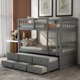 Kumix Twin over Twin Bunk Bed with Trundle, Wood Bunk Bed with 3 Drawers Safety Guardrail and Ladder, Heavy Duty Bunk Bed Able to Split, Twin Trundle Bed for Bedroom, Guest Room, Gray