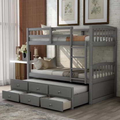 Kumix Twin over Twin Bunk Bed with Trundle, Wood Bunk Bed with 3 Drawers Safety Guardrail and Ladder, Heavy Duty Bunk Bed Able to Split, Twin Trundle Bed for Bedroom, Guest Room, Gray