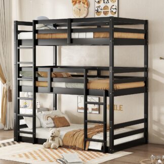 Kumix Wood Triple Bunk Bed, Twin over Twin over Twin Bunk Bed with Two Built-in Ladders, Guardrails for Kids Teens Adults, Detachable Triple Twin Bunk Bed, 3 in 1 Bunk Bed, Noise-Free, Black