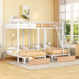 Kumix Triple Bunk Bed, Full Over Twin and Twin Bunk Bed with Drawers, Build-in Ladder and Safety Guardrails for Kids Teens, Metal Bunk Bed Can Convertible into 3 Beds, 3 Beds in 1, White