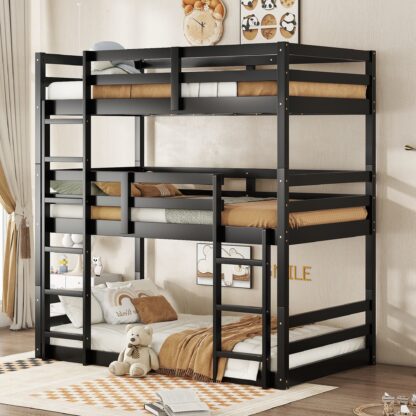 Kumix Wood Triple Bunk Bed, Twin over Twin over Twin Bunk Bed with Two Built-in Ladders, Guardrails for Kids Teens Adults, Detachable Triple Twin Bunk Bed, 3 in 1 Bunk Bed, Noise-Free, Black
