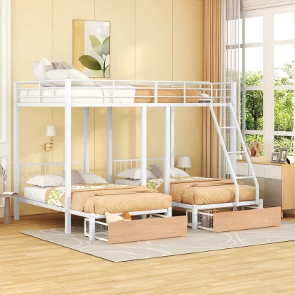 Kumix Triple Bunk Bed, Full Over Twin and Twin Bunk Bed with Drawers, Build-in Ladder and Safety Guardrails for Kids Teens, Metal Bunk Bed Can Convertible into 3 Beds, 3 Beds in 1, White