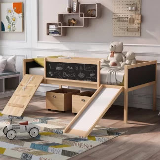 Kumix Twin Size Loft Bed with Slide, Wood Loft Bed with Two Storage Boxes, Climbing Frame & Rope, Blackboard and Safety Guardrail for Kids Teens Adults, Heavy Duty Loft Bed Frame for Bedroom, Natural
