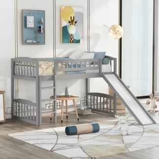 Kumix Loft Bed Twin Size with Slide, Wood Loft Bed with Full Length Guardrail and Build-in Ladder for Kids Teens Adults, Heavy Duty Loft Bed for Bedroom, Spacious Under Bed Space, Gray
