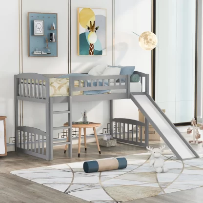 Kumix Loft Bed Twin Size with Slide, Wood Loft Bed with Full Length Guardrail and Build-in Ladder for Kids Teens Adults, Heavy Duty Loft Bed for Bedroom, Spacious Under Bed Space, Gray