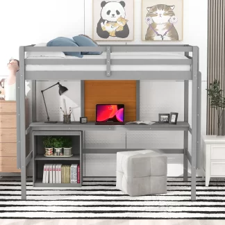Kumix Loft Bed Twin Size with Desk, Wood Loft Bed with Writing Board, Full Length Guardrail, 2 Ladders and 2 Drawers Cabinet for Kids Teens Adults, Heavy Duty Loft Bed Frame for Bedroom, Gray