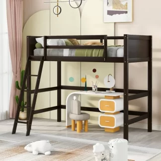 Kumix Loft Bed Twin Size, Wood Loft Bed with Full Length Guardrail and Inclined Ladder for Kids Teens Adults, Heavy Duty Loft Bed for Bedroom, Dorm, Spacious Under Bed Space, Noise-Free, Espresso