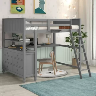 Kumix Loft Bed Full Size, Wood Loft Bed with 6 Drawers, Desk, Shelves for Kids Teens Adults, Space-Saving Loft Bed with Full Length Guardrail and Ladder for Bedroom, Noise-Free, Gray