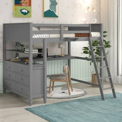 Kumix Loft Bed Full Size, Wood Loft Bed with 6 Drawers, Desk, Shelves for Kids Teens Adults, Space-Saving Loft Bed with Full Length Guardrail and Ladder for Bedroom, Noise-Free, Gray