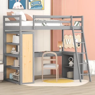 Kumix Loft Bed Twin Size with Desk, Wood Loft Bed with Shelves, Full Length Guardrail, Ladder for Kids Teens Adults, Heavy Duty Loft Bed Frame for Bedroom, Space-Saving, Noise-Free, Gray