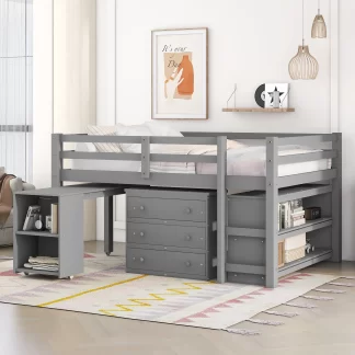 Kumix Loft Bed Full Size, Low Loft Bed with Drawers, Shelves Full Length Guardrail, Ladder and Rolling Portable Desk for Kids Teens Adults, Wood Loft Bed for Bedroom, Noise-Free, Gray