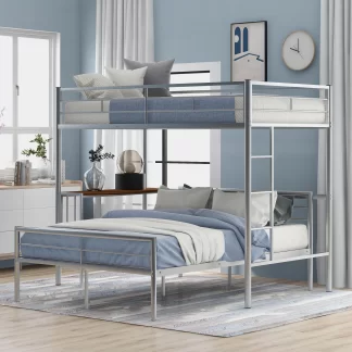 Kumix Bunk Bed with Desk, Twin over Full Bunk Bed for Kids Teens Adults with Full Length Guardrail and Build-in Ladder, Metal Bunk Bed for Bedroom, Can Split into 2 Beds, Space-Saving, Silver