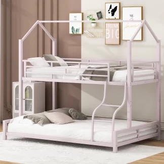 Kumix Bunk Bed Twin over Full, Metal House Bunk Bed for Kids Teens Adults with Full Length Guardrail and Build-in Ladder, Low Bunk Bed for Toddler, Able to Split, Noise-Free, Pink
