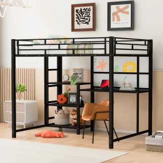 Kumix Loft Bed Full Size, Metal Loft Bed with Desk, 3 Shelves and Whiteboard for Kids, Teens, Space-Saving Loft Bed Frame with Full Length Guardrail and Ladder for Bedroom, Noise-Free, Black