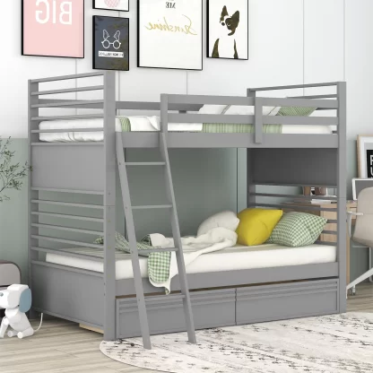 Kumix Bunk Bed with Drawers, Twin over Twin Bunk Bed for Kids Teens with Full Length Guardrail and Ladder, Wood Bnuk Bed Frame Able to Split, 2 in 1 Bunk Bed, Noise-Free, Easy Assembly, Grey