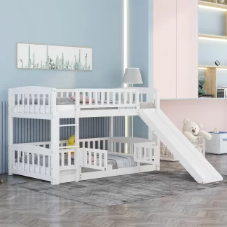Kumix Wood Bunk Bed with Slide, Twin over Twin Bunk Bed with Fence, Full Length Guardrail and Ladder for Kids Teens, Low Bunk Bed for Bedroom, Noise-Free, No Box Spring Needed, White