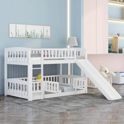 Kumix Wood Bunk Bed with Slide, Twin over Twin Bunk Bed with Fence, Full Length Guardrail and Ladder for Kids Teens, Low Bunk Bed for Bedroom, Noise-Free, No Box Spring Needed, White