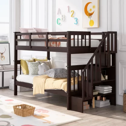 Kumix Twin over Twin Bunk Bed, Wood Bunk Bed with Shelves, Full Length Guardrail and Stairway for Kids Teens Adults, Heavy Duty Bunk Bed Able to Split, Under Bed Storage, Space-Saving, Espresso