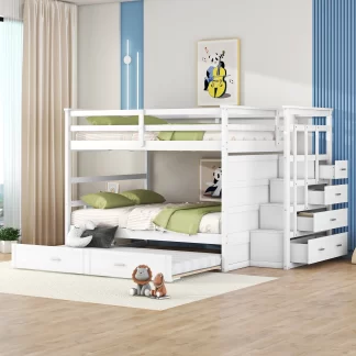 Kumix Bunk Bed with Trundle, Full over Full Bunk Bed with Staircase, Drawers and Full Length Guardrail for Kids Teens Adults, Wood Bunk Bed Frame for Bedroom, Dorm, Noise-Free, White