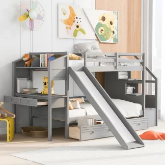 Kumix Bunk Bed with Slide, Twin over Twin Bunk Bed with Storage Staircase, Drawers, Desk and Shelves for Kids Teens Adults, Space-Saving Bunk Bed with Safety Guardrail, Noise-Free, Gray