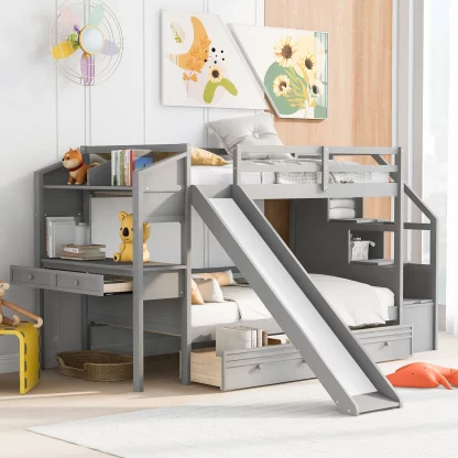 Kumix Bunk Bed with Slide, Twin over Twin Bunk Bed with Storage Staircase, Drawers, Desk and Shelves for Kids Teens Adults, Space-Saving Bunk Bed with Safety Guardrail, Noise-Free, Gray