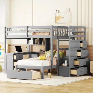 Kumix Bunk Bed with Desk, Full over Twin Bunk Bed with Drawers, Shelves for Kids Teens Adults, Wood Bunk Bed for Bedroom, Dorm, 2 in 1 Bunk Bed, Noise-Free, No Box Spring Needed, Gray