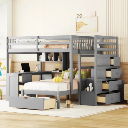 Kumix Bunk Bed with Desk, Full over Twin Bunk Bed with Drawers, Shelves for Kids Teens Adults, Wood Bunk Bed for Bedroom, Dorm, 2 in 1 Bunk Bed, Noise-Free, No Box Spring Needed, Gray