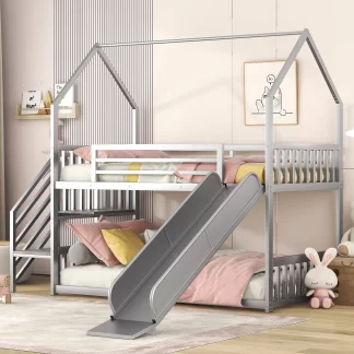 Kumix House Bunk Bed with Slide, Twin over Twin Bunk Bed with Staircase and Full Length Guardrail for Kids Teens, Metal Bunk Bed Frame for Bedroom, Dom, Low Bed for Toddler, Noise-Free, Silver