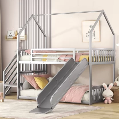 Kumix House Bunk Bed with Slide, Twin over Twin Bunk Bed with Staircase and Full Length Guardrail for Kids Teens, Metal Bunk Bed Frame for Bedroom, Dom, Low Bed for Toddler, Noise-Free, Silver
