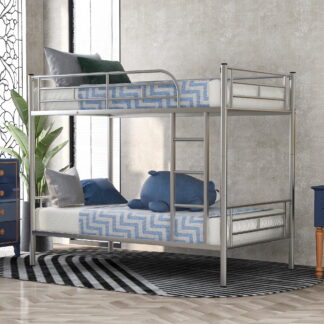 Kumix Bunk Bed Twin over Twin, Metal Bunk Bed with Ladder and Full-Length Guardrail for Kids Teens Adults, 2 in 1 Bunk Bed, Can Convertible into 2 Beds, Noise-Free, Space-Saving, Silver