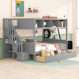 Kumix Twin over Full Bunk Bed, Wood Bunk Bed with Drawers, Shelves, Storage Staircase for Kids Teens Adults, Multi-Function Bunk Bed with Safety Guardrail for Bedroom, Noise-Free, Grey