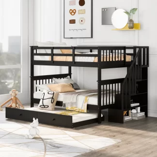 Kumix Bunk Bed with Trundle, Twin over Full Bunk Bed with Full Length Guardrail and Storage Staircase for Kids Teens Adults, Wood Bunk Bed Able to Split, with Twin Size Trundle, Noise-Free, Espresso