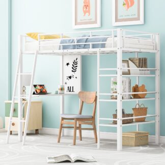 Kumix Loft Bed with Desk and Whiteboard, Metal Loft Bed Twin Size with Shelves, Safety Guardrail and Ladder for Kids Teens Adults, Twin Loft Bed Frame for Bedroom, Space-Saving, Noise-Free, White