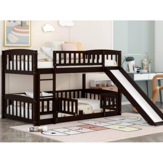 Kumix Wood Bunk Bed with Slide, Twin over Twin Bunk Bed with Fence, Full Length Guardrail and Ladder for Kids Teens, Low Bunk Bed for Bedroom, Noise-Free, No Box Spring Needed, Espresso