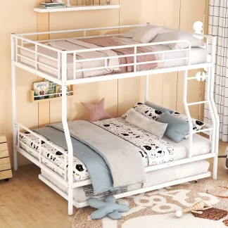 Kumix Bunk Bed with Trundle, Full XL over Queen Bunk Bed with Full Length Guardrail and Ladder for Kids Teens, Metal Bunk Bed Can Convertible into 2 Beds, 2 in 1 Bunk Bed, Noise-Free, White
