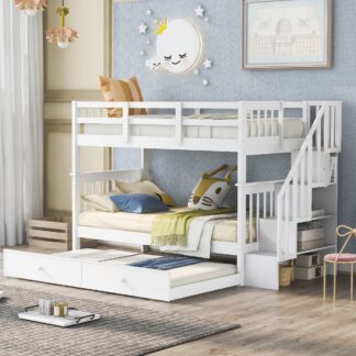 Kumix Bunk Bed with Trundle, Twin over Twin Bunk Bed with Staircase and Full Length Guardrail for Kids Teens Adults, Wood Bunk Bed Frame Able to Split, Noise-Free, White