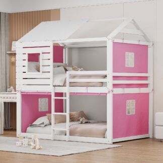 Kumix Full over Full Bunk Bed, House Bed with Windows, Full Length Guardrail, Ladder and Tent for Kids Teens Boys/Girls, Wood Bunk Bed Frame for Bedroom, Dorm, No Box Spring Needed, Pink+White