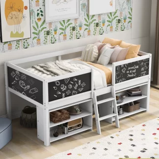 Kumix Twin Size Low Loft Bed, Wood Loft Bed with Two Movable Shelves and Ladder, with Decorative Guardrail Chalkboard for Kids Teens Boys & Girls, Noise-Free, No Box Spring Needed, White