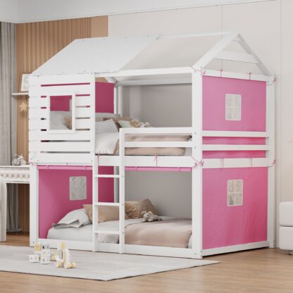 Kumix Full over Full Bunk Bed, House Bed with Windows, Full Length Guardrail, Ladder and Tent for Kids Teens Boys/Girls, Wood Bunk Bed Frame for Bedroom, Dorm, No Box Spring Needed, Pink+White