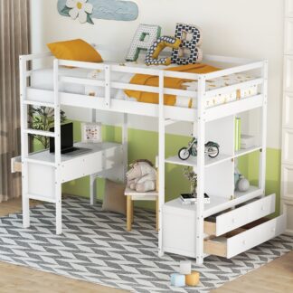 Kumix Loft Bed Twin Size with Desk, Wood Loft Bed with Drawers, Full Length Guardrail, Ladder and Storage Shelves for Kids Teens Adults, Heavy Duty Loft Bed for Bedroom, Space-Saving, White